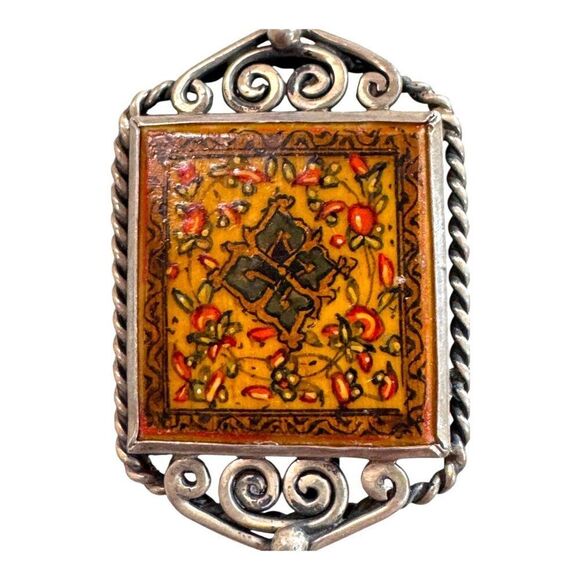 Vintage Persian Miniature Tile Hand Painted Sterling Silver Brooch Scroll Design - Picture 2 of 5